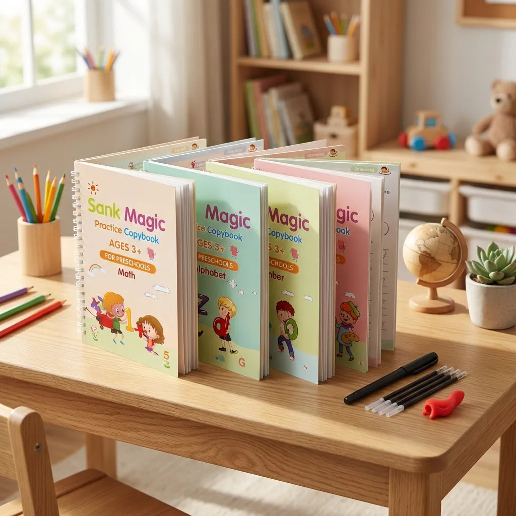 Sank Magic Practice Copybook Set (4 Reusable Books with Magic Pen)