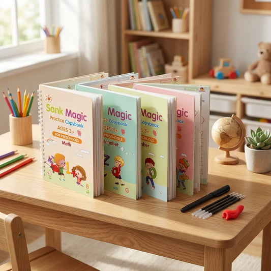 Sank Magic Practice Copybook Set (4 Reusable Books with Magic Pen)