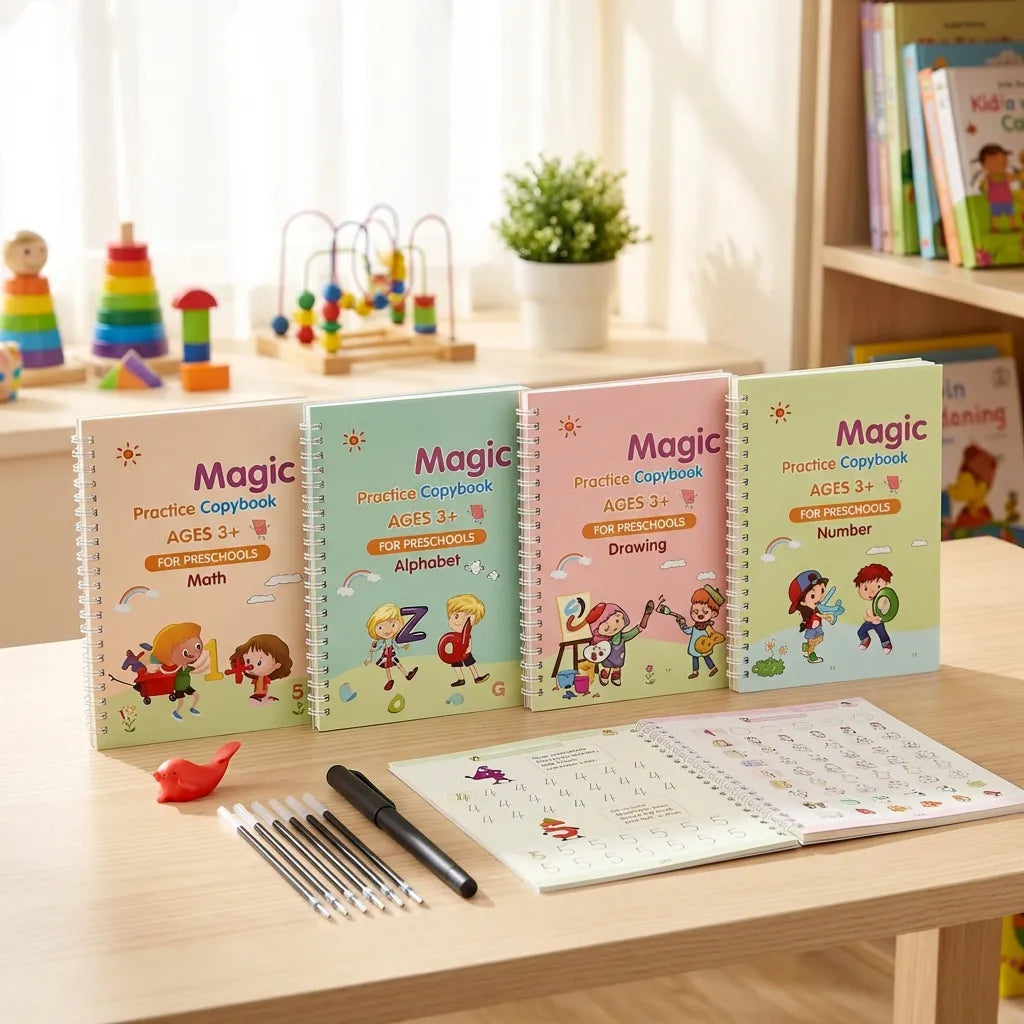 Sank Magic Practice Copybook Set (4 Reusable Books with Magic Pen)