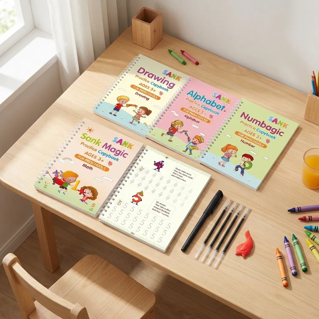 Sank Magic Practice Copybook Set (4 Reusable Books with Magic Pen)
