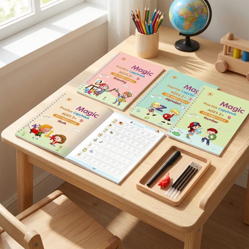Sank Magic Practice Copybook Set (4 Reusable Books with Magic Pen)