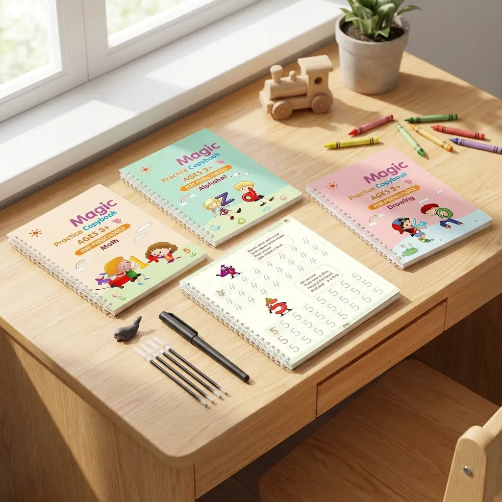 Sank Magic Practice Copybook Set (4 Reusable Books with Magic Pen)