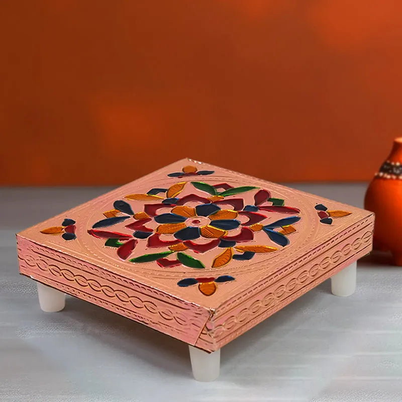 Handicraft Meenakari Wooden Chowki For Puja (1 Pc Set) - Home Decor