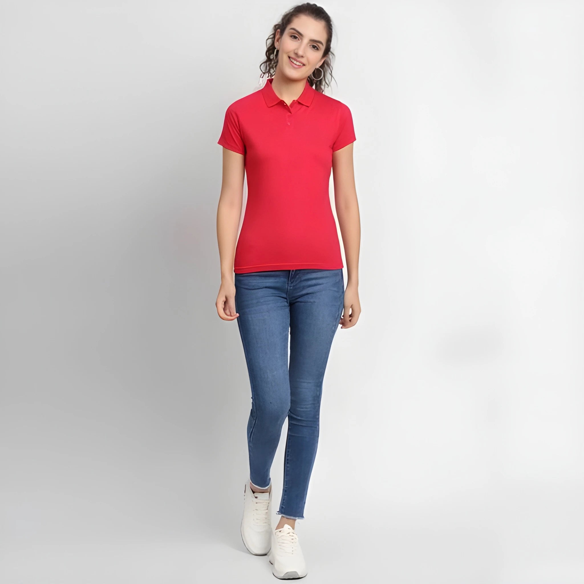Red Cotton Blend Polo Neck Tshirt