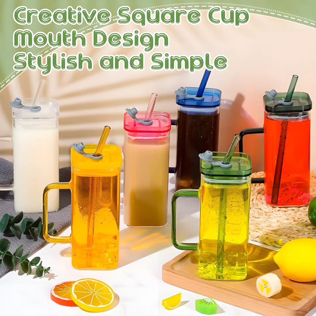 Square Glass with Lid and Straw
