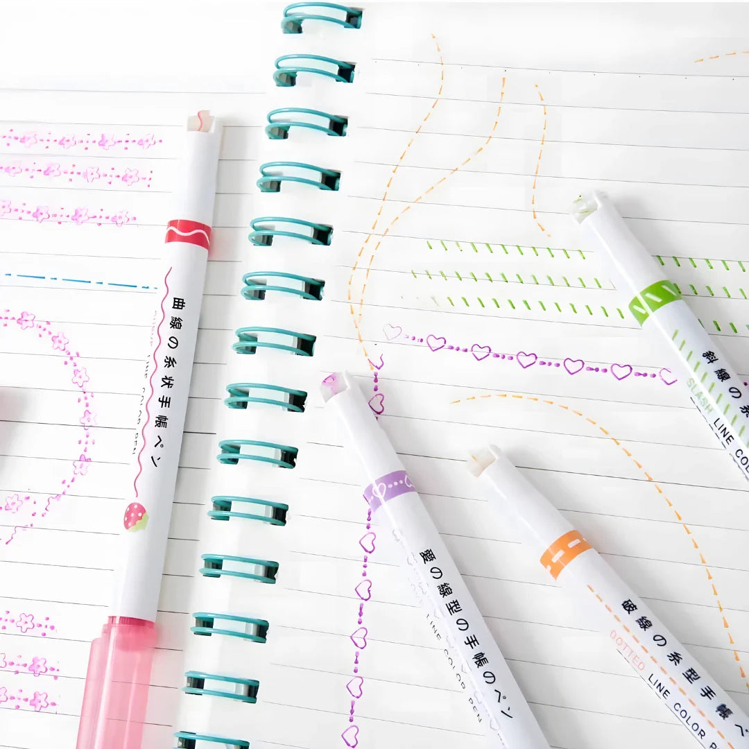 Linear Roller Color Pens Highlighters with 6 Different Curve Shapes (Set of 6)