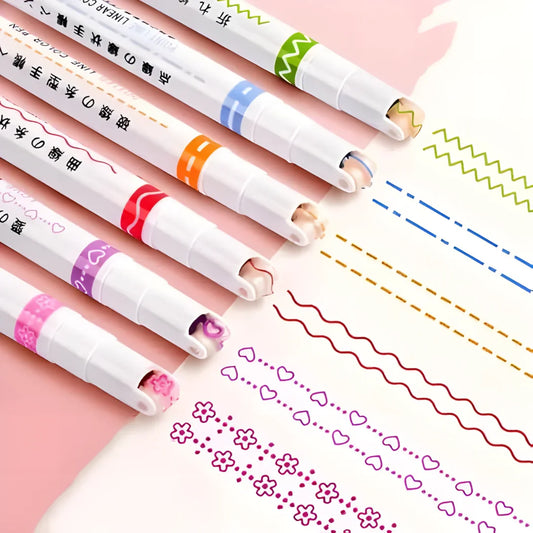 Linear Roller Color Pens Highlighters with 6 Different Curve Shapes (Set of 6)