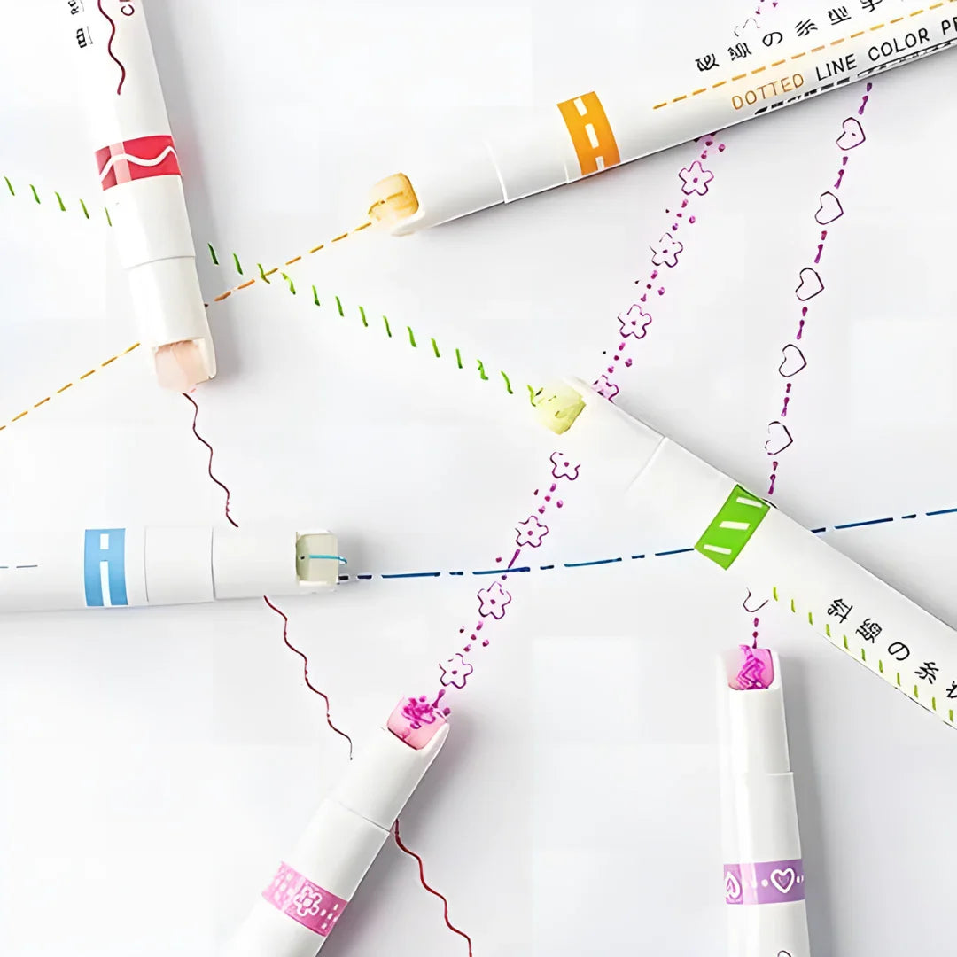 Linear Roller Color Pens Highlighters with 6 Different Curve Shapes (Set of 6)