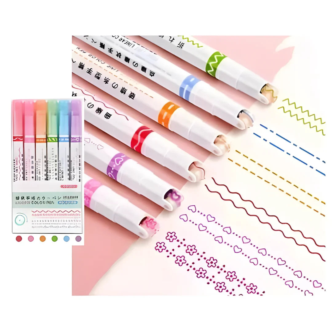 Linear Roller Color Pens Highlighters with 6 Different Curve Shapes (Set of 6)