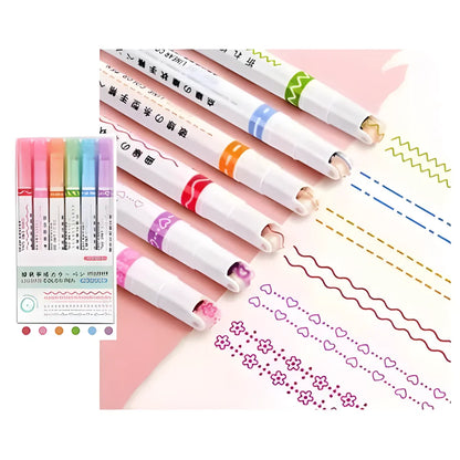 Linear Roller Color Pens Highlighters with 6 Different Curve Shapes (Set of 6)