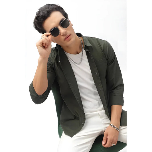 Men’s Solid Satin Stylish Casual Shirt Dark Green