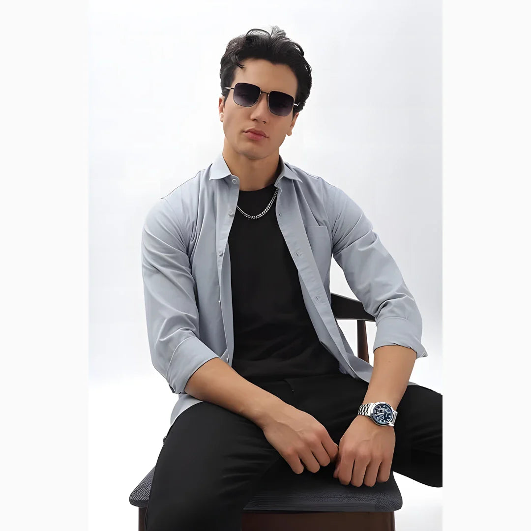 Men’s Solid Satin Stylish Casual Shirt Grey