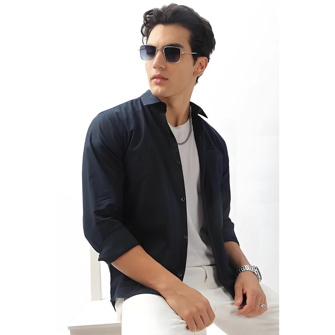 Men’s Solid Satin Stylish Casual Shirt Navy Blue