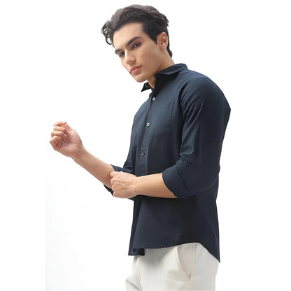 Men’s Solid Satin Stylish Casual Shirt Navy Blue