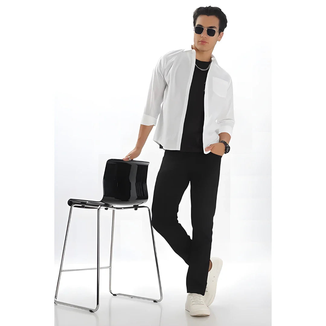 Men’s Solid Satin Stylish Casual Shirt White