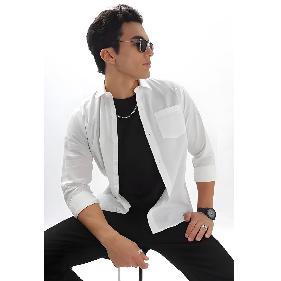 Men’s Solid Satin Stylish Casual Shirt White