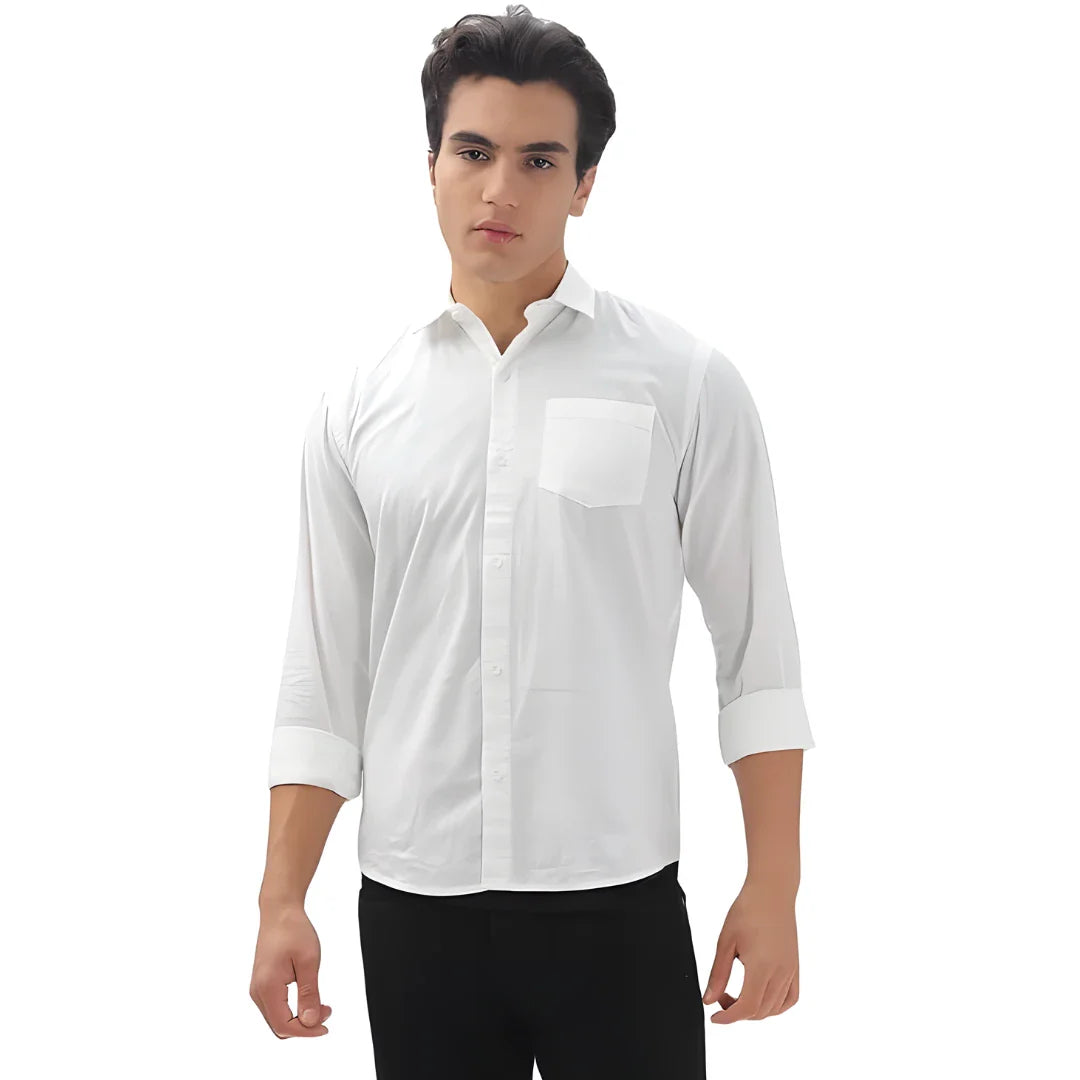 Men’s Solid Satin Stylish Casual Shirt White