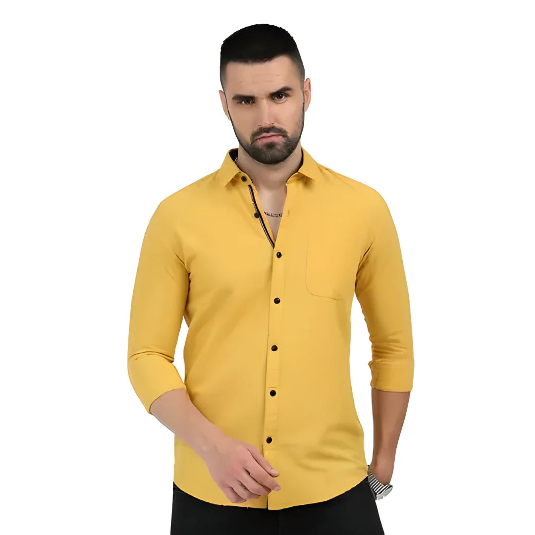 Men’s Solid Satin Stylish Casual Shirt Yellow