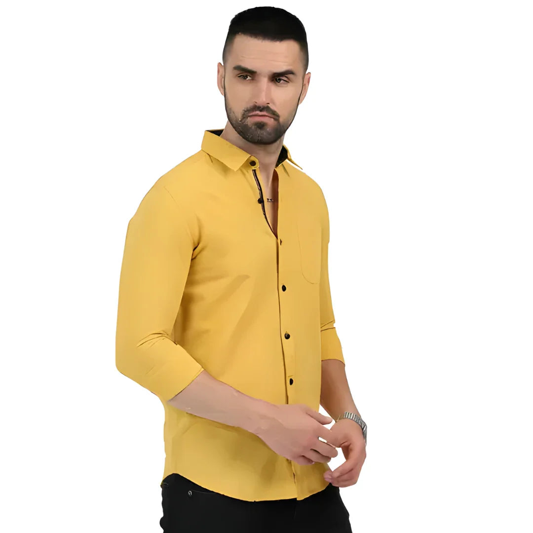 Men’s Solid Satin Stylish Casual Shirt Yellow