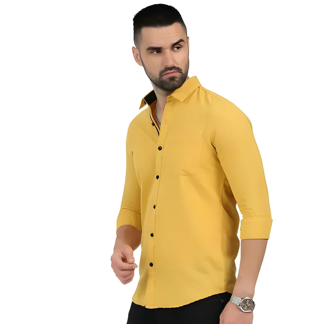 Men’s Solid Satin Stylish Casual Shirt Yellow