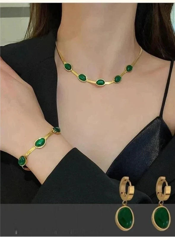 Oval Green Crystal Pendant Necklace Set With Bracelet jewelry