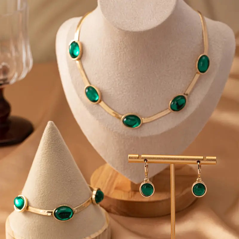 Oval Green Crystal Pendant Necklace Set With Bracelet jewelry