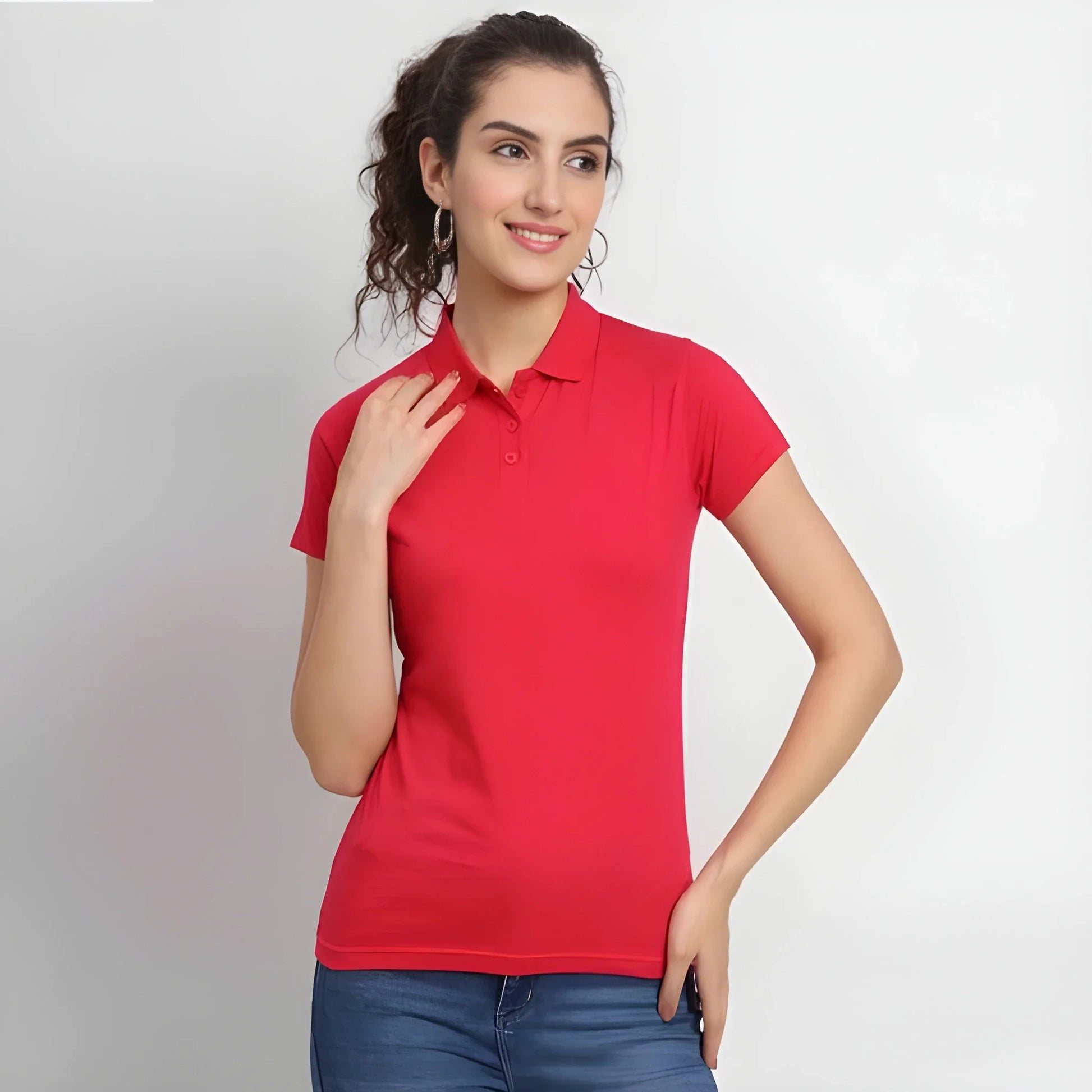 Red Cotton Blend Polo Neck Tshirt