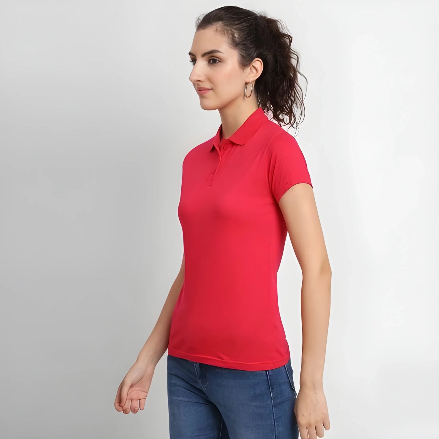 Red Cotton Blend Polo Neck Tshirt