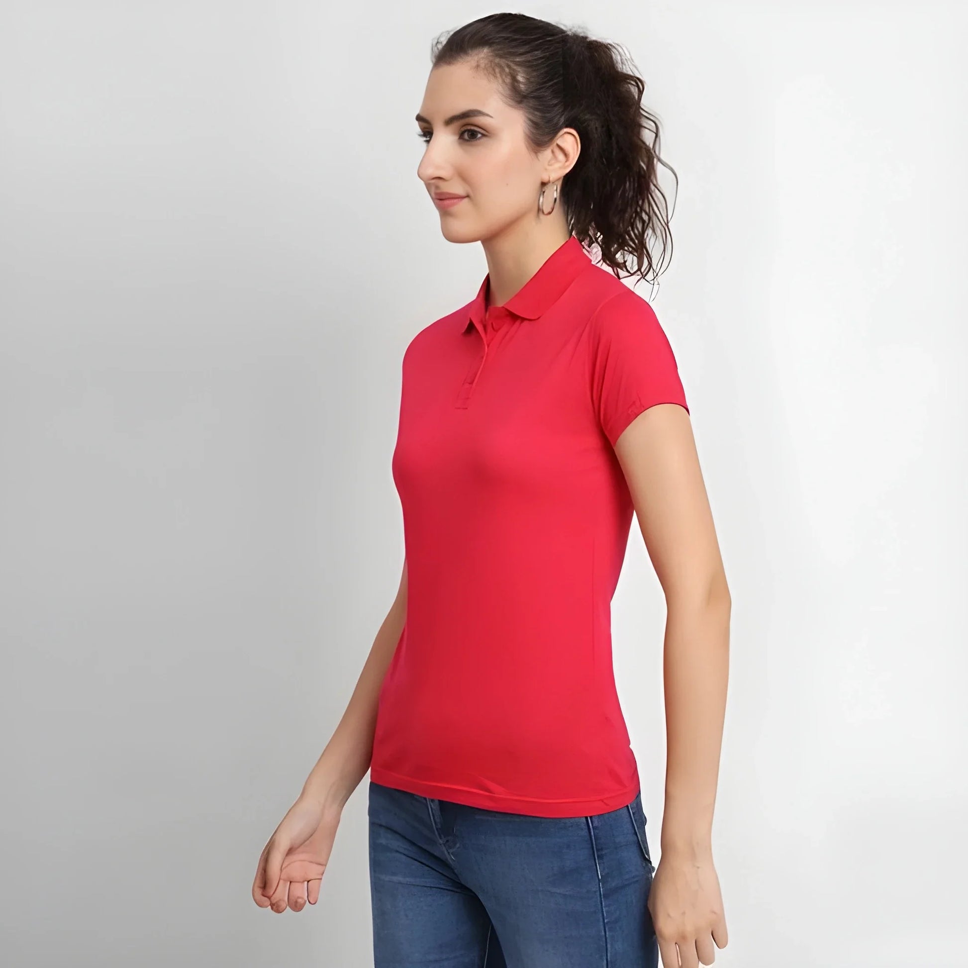 Red Cotton Blend Polo Neck Tshirt