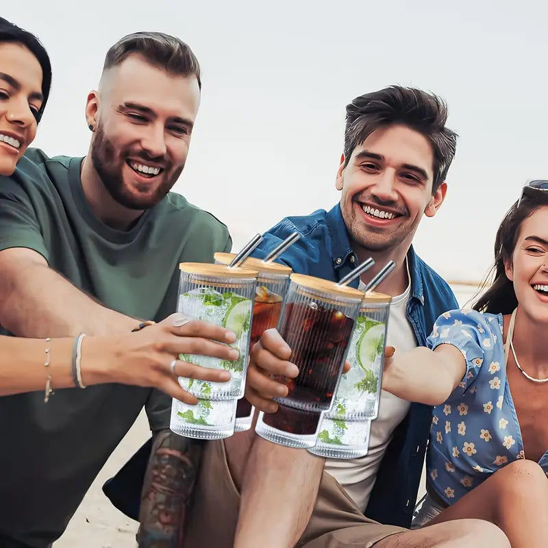 Ribbed Shape Glass with Wood Cap Home & Kitchen