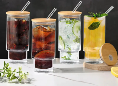 Ribbed Shape Glass with Wood Cap Home & Kitchen