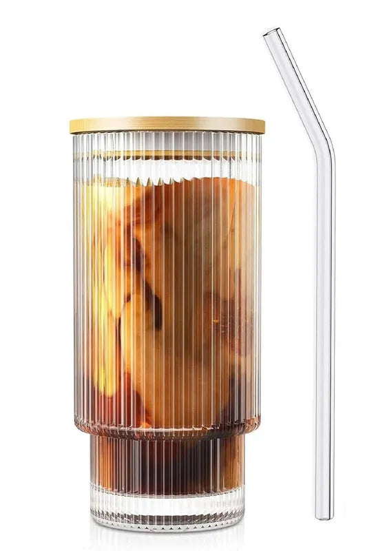Ribbed Shape Glass with Wood Cap Home & Kitchen