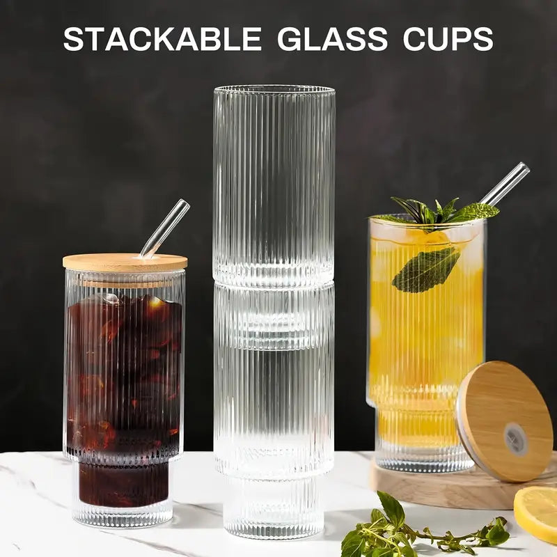 Ribbed Shape Glass with Wood Cap Home & Kitchen