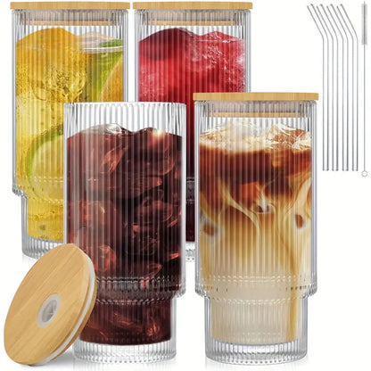 Ribbed Shape Glass with Wood Cap Home & Kitchen