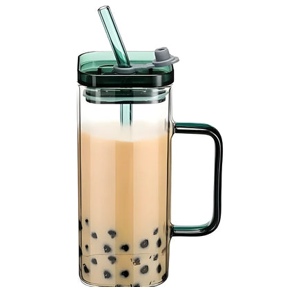 Square Glass with Lid and Straw