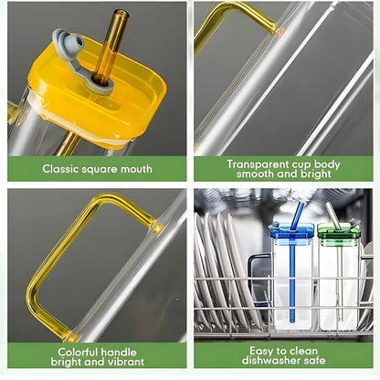 Square Glass with Lid and Straw
