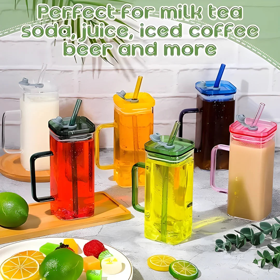 Square Glass with Lid and Straw