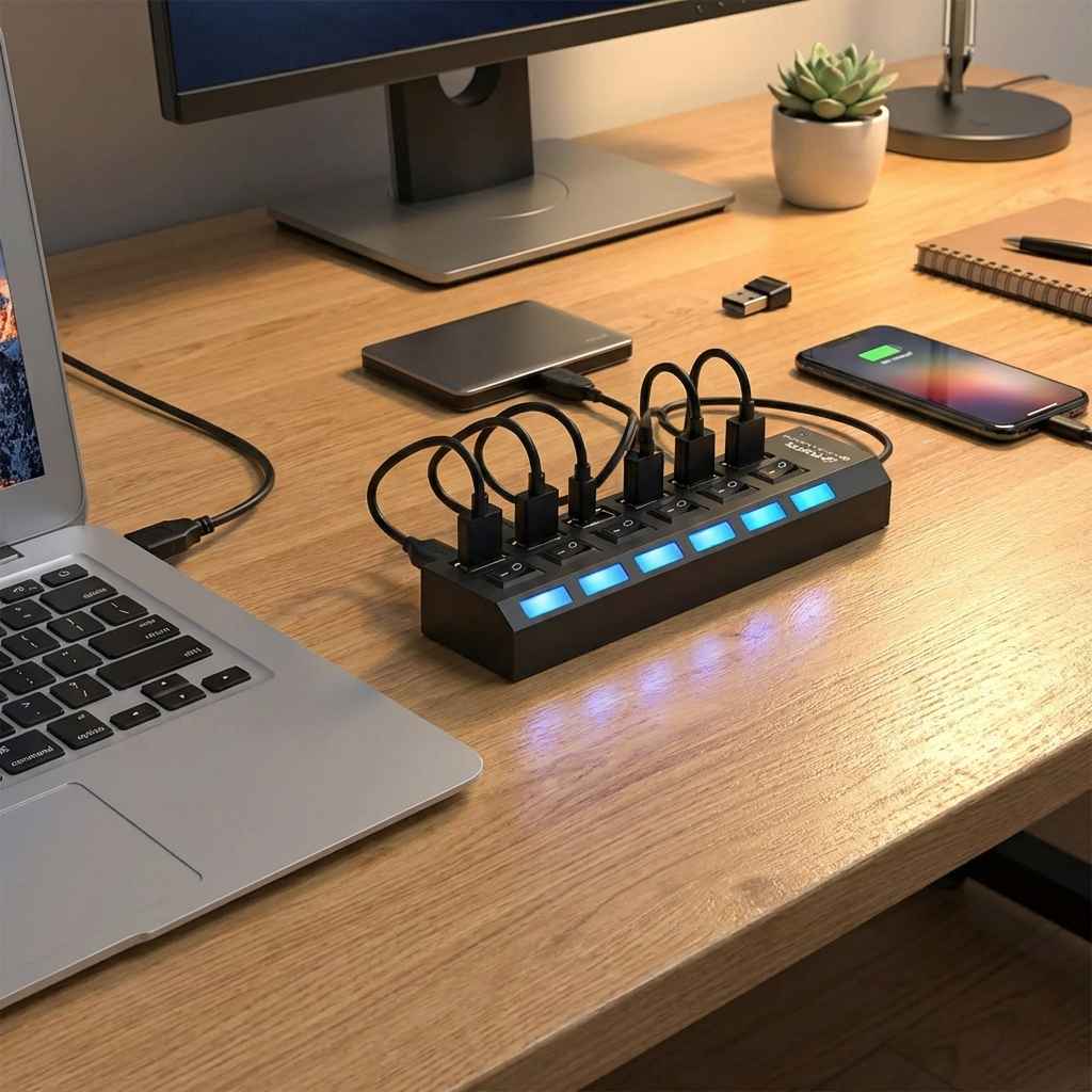 Multiple Hub Box USB Splitter Multi Port Hub with Independent Switches and LED ...