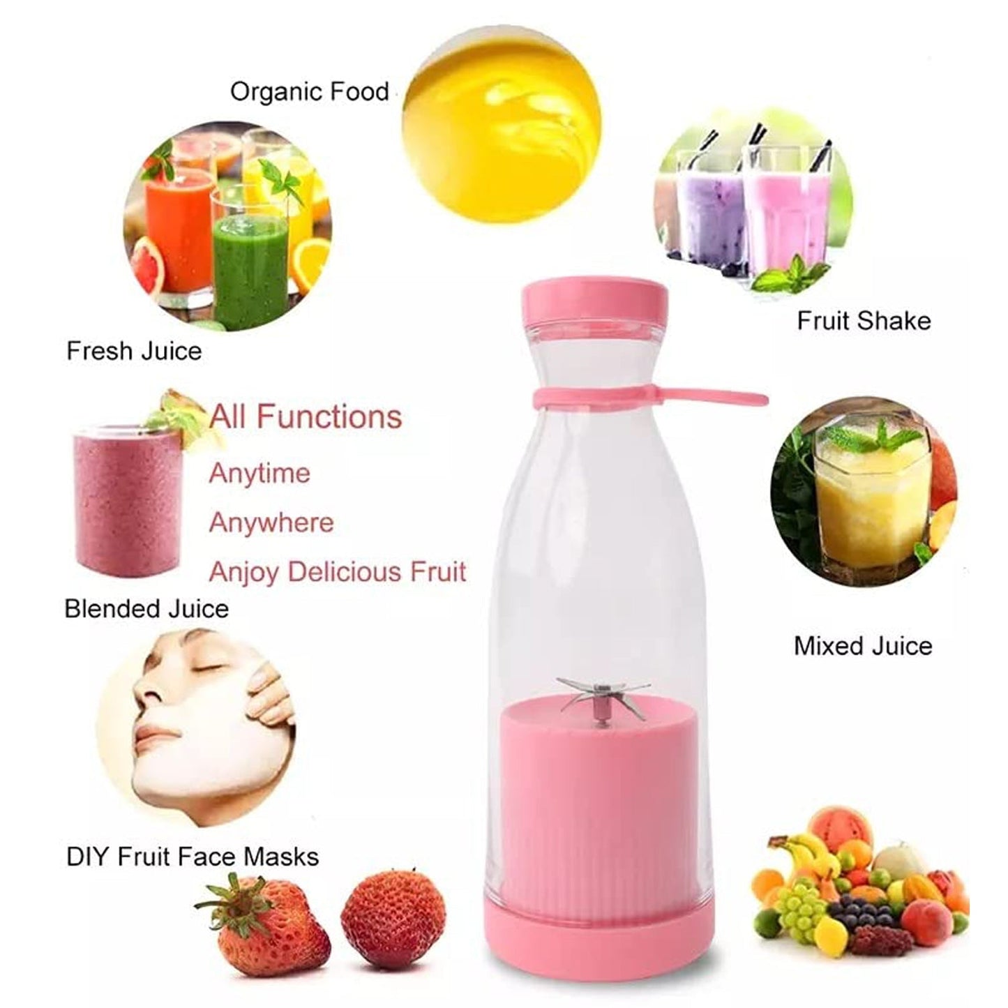 5334A BLENDER PORTABLE JUICER FOR SMOOTHIE , JUICE , VEGETABLE SHAKES WITH 6 BLADES WIRELESS CHARGING MINI PERSONAL SIZE MIXER BOTTLE GRINDER, 380 ML MULTICOLOR 