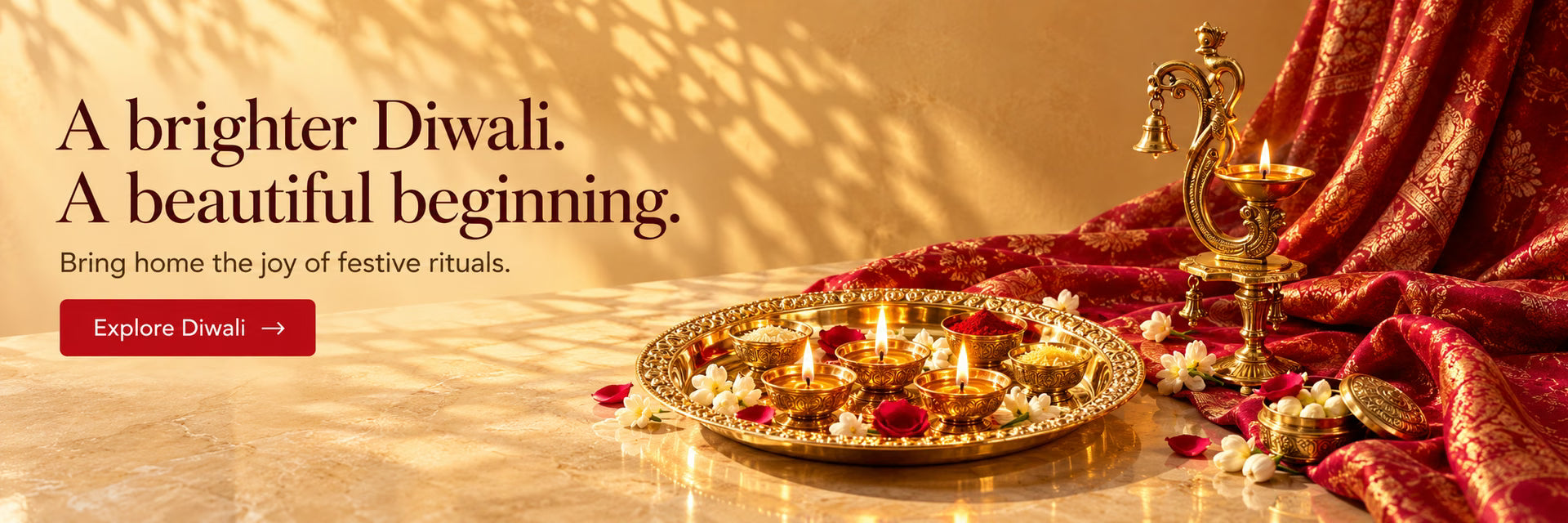 A brighter Diwali. A beautiful beginning. Bring home the joy of festive rituals. Brass diyas in a golden festive setting.