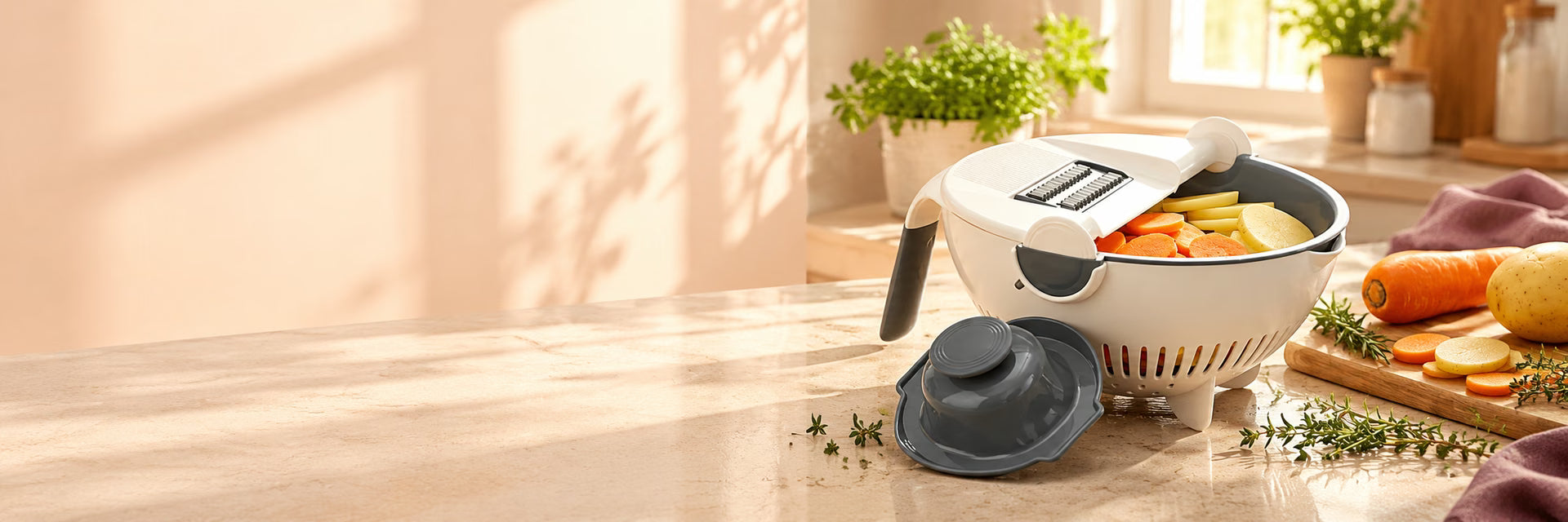 White vegetable slicer with fresh vegetables in a sunny peach kitchen